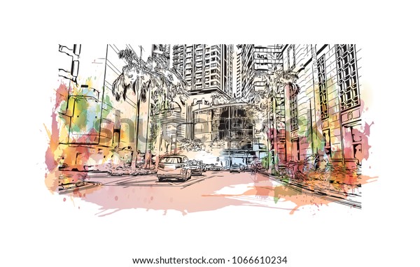 Buildings\
view with street of Singapore Country in Asia. Watercolor splash\
with Hand drawn sketch illustration in\
vector.