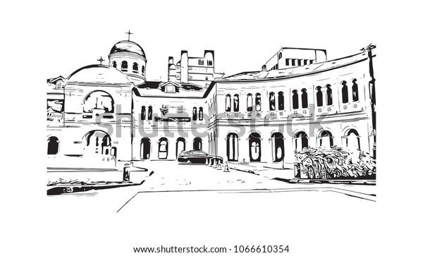 Buildings view with street of\
Singapore Country in Asia. Hand drawn sketch illustration in\
vector.
