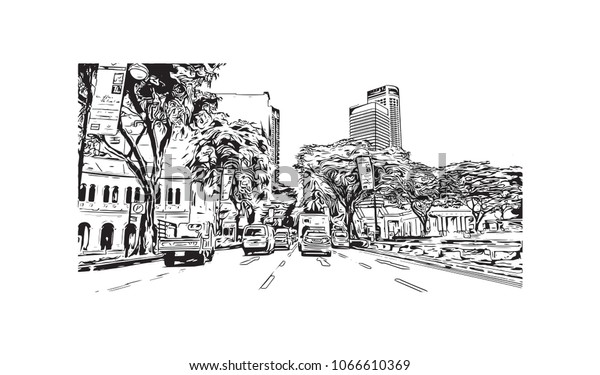 Buildings view with street of\
Singapore Country in Asia. Hand drawn sketch illustration in\
vector.