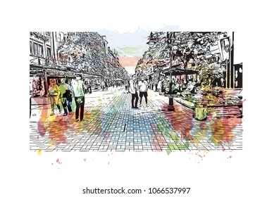Buildings view with street Sofia Capital of Bulgaria. Watercolor splash with Hand drawn sketch illustration in vector.