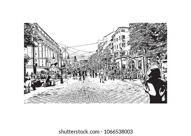 Buildings view with street Sofia Capital of Bulgaria. Hand drawn sketch illustration in vector.