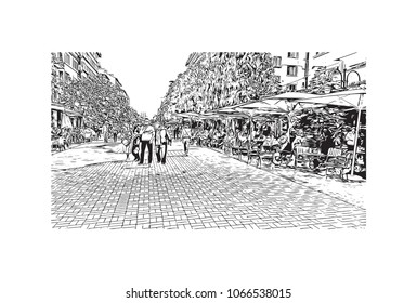Buildings view with street Sofia Capital of Bulgaria. Hand drawn sketch illustration in vector.