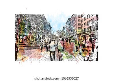 Buildings view with street Sofia Capital of Bulgaria. Watercolor splash with Hand drawn sketch illustration in vector.