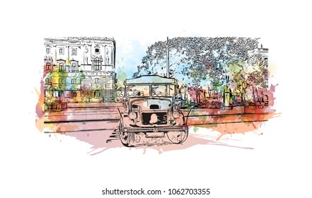 Buildings view with street of Vienna Capital of Austria. Watercolor splash with hand drawn sketch illustration in vector.