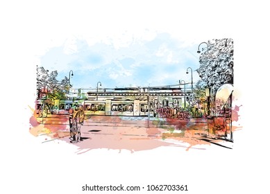 Buildings view with street of Vienna Capital of Austria. Watercolor splash with hand drawn sketch illustration in vector.