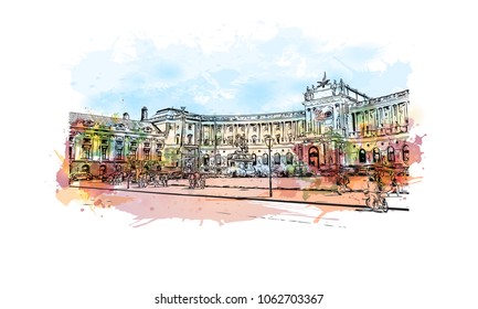 Buildings view with street of Vienna Capital of Austria. Watercolor splash with hand drawn sketch illustration in vector.