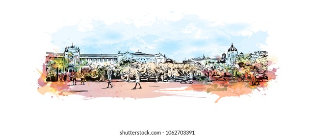 Buildings view with street of Vienna Capital of Austria. Watercolor splash with hand drawn sketch illustration in vector.