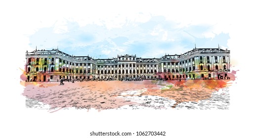 Buildings view with street of Vienna Capital of Austria. Watercolor splash with hand drawn sketch illustration in vector.