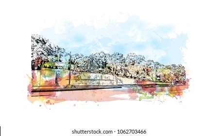 Buildings view with street of Vienna Capital of Austria. Watercolor splash with hand drawn sketch illustration in vector.