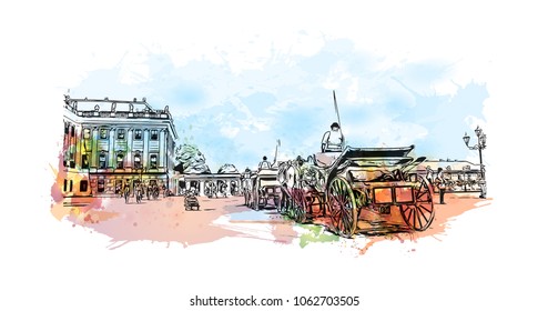 Buildings view with street of Vienna Capital of Austria. Watercolor splash with hand drawn sketch illustration in vector.