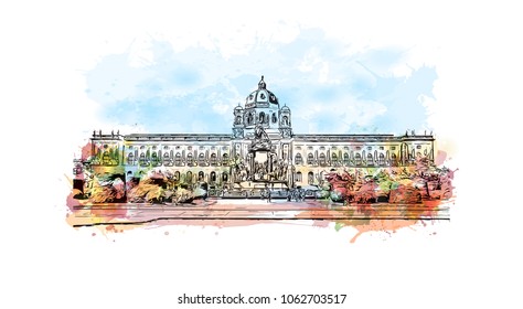 Buildings view with street of Vienna Capital of Austria. Watercolor splash with hand drawn sketch illustration in vector.