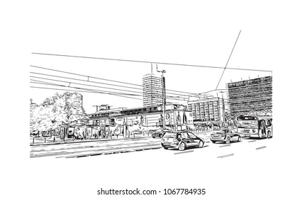 Buildings view with street of Warsaw Capital of Poland. Hand drawn sketch illustration in vector.