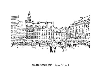 Buildings view with street of Warsaw Capital of Poland. Hand drawn sketch illustration in vector.