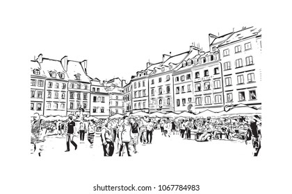 Buildings view with street of Warsaw Capital of Poland. Hand drawn sketch illustration in vector.