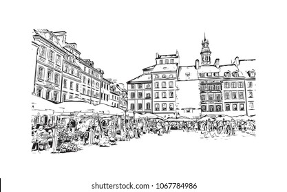 Buildings view with street of Warsaw Capital of Poland. Hand drawn sketch illustration in vector.