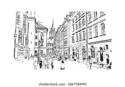 Buildings view with street of Warsaw Capital of Poland. Hand drawn sketch illustration in vector.