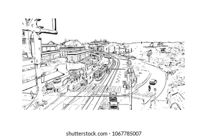 Buildings view with street of Warsaw Capital of Poland. Hand drawn sketch illustration in vector.