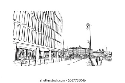 Buildings view with street of Warsaw Capital of Poland. Hand drawn sketch illustration in vector.