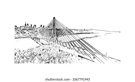 Buildings view with street of Warsaw Capital of Poland. Hand drawn sketch illustration in vector.
