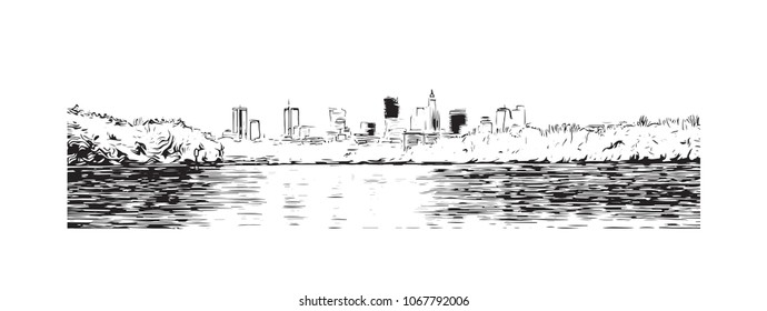 Buildings view with street of Warsaw Capital of Poland. Hand drawn sketch illustration in vector.

