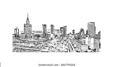 Buildings view with street of Warsaw Capital of Poland. Hand drawn sketch illustration in vector.
