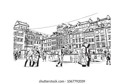 Buildings view with street of Warsaw Capital of Poland. Hand drawn sketch illustration in vector.

