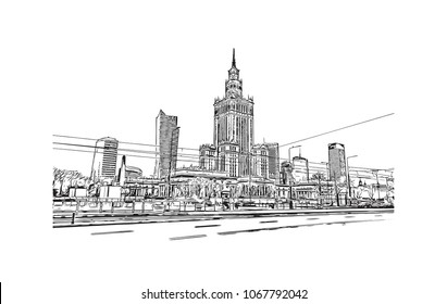 Buildings view with street of Warsaw Capital of Poland. Hand drawn sketch illustration in vector.
