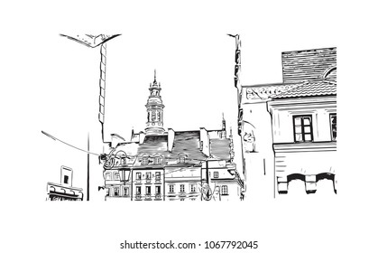 Buildings view with street of Warsaw Capital of Poland. Hand drawn sketch illustration in vector.
