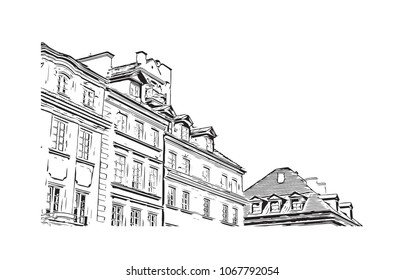 Buildings view with street of Warsaw Capital of Poland. Hand drawn sketch illustration in vector.
