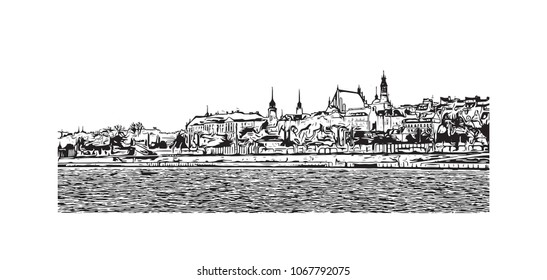 Buildings view with street of Warsaw Capital of Poland. Hand drawn sketch illustration in vector.
