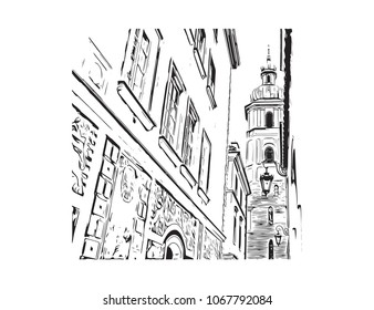 Buildings view with street of Warsaw Capital of Poland. Hand drawn sketch illustration in vector.

