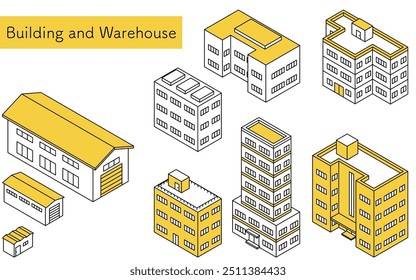 Gebäude und Lagerhäuser, Isometrische Illustration mit einfachen Strichzeichnungen, Vektorgrafik
