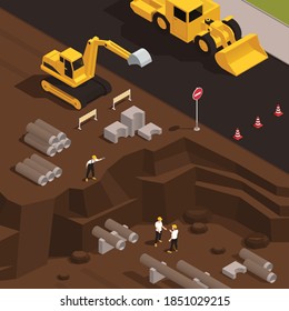 Buildings water supply system isometric composition with bulldozer excavator digging trenches for water pipes installation vector illustration 