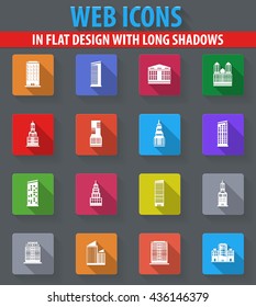Buildings web icons in flat design with long shadows