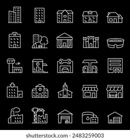 Buildings, white line icons. City edifices and houses. Ideal for urban planning and construction themes. Symbols on black background. Editable stroke.