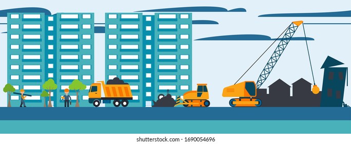  Building.Vector illustration. Men builders and construction equipment. Facebook cover