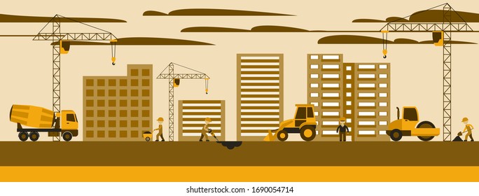  Building.Vector illustration. Men builders and construction equipment. Facebook cover