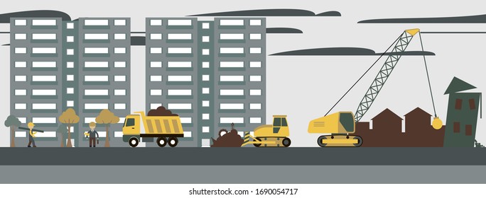  Building.Vector illustration. Men builders and construction equipment. Facebook cover