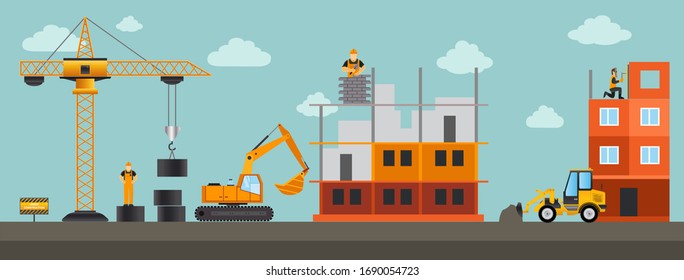  Building.Vector illustration. Men builders and construction equipment. Facebook cover