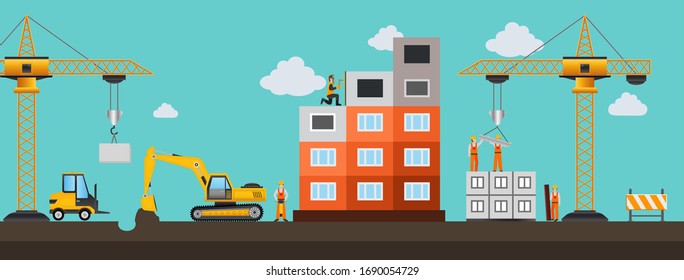  Building.Vector illustration. Men builders and construction equipment. Facebook cover
