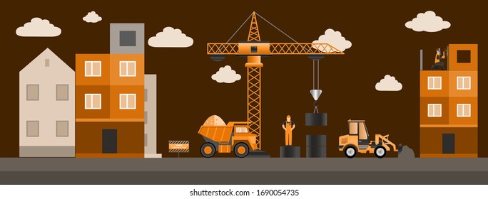  Building.Vector Illustration. Men Builders And Construction Equipment. Facebook Cover