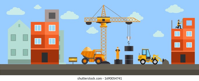  Building.Vector Illustration. Men Builders And Construction Equipment. Facebook Cover