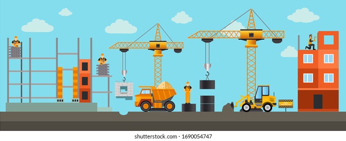  Building.Vector illustration. Men builders and construction equipment. Facebook cover