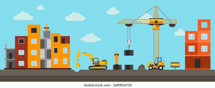 Building.Vector illustration. Men builders and construction equipment. Facebook cover