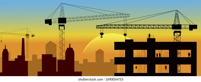  Building.Vector Illustration. Men Builders And Construction Equipment. Facebook Cover