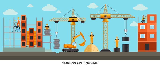 Building.Vector illustration. Men builders and construction equipment.  Сover

