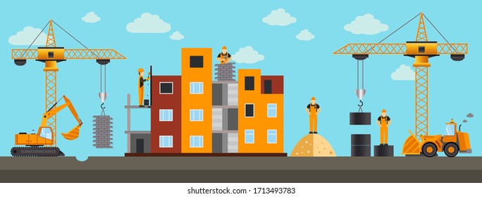 Building.Vector illustration. Men builders and construction equipment.  Сover
