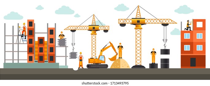 Building.Vector illustration. Men builders and construction equipment.  Сover
