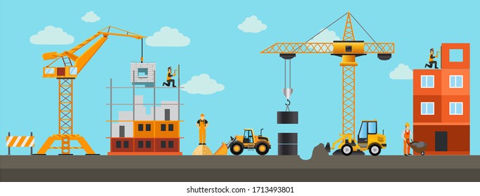 Building.Vector illustration. Men builders and construction equipment.  Сover
