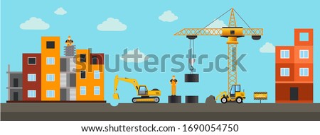  Building.Vector illustration. Men builders and construction equipment. Facebook cover